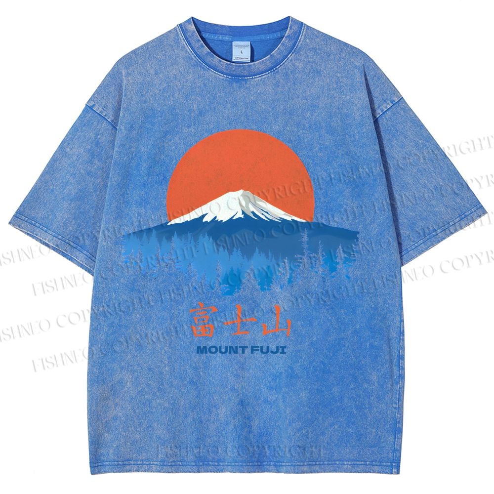 Unisex Japanese Mount Fuji Graffiti Printed Washed Tee