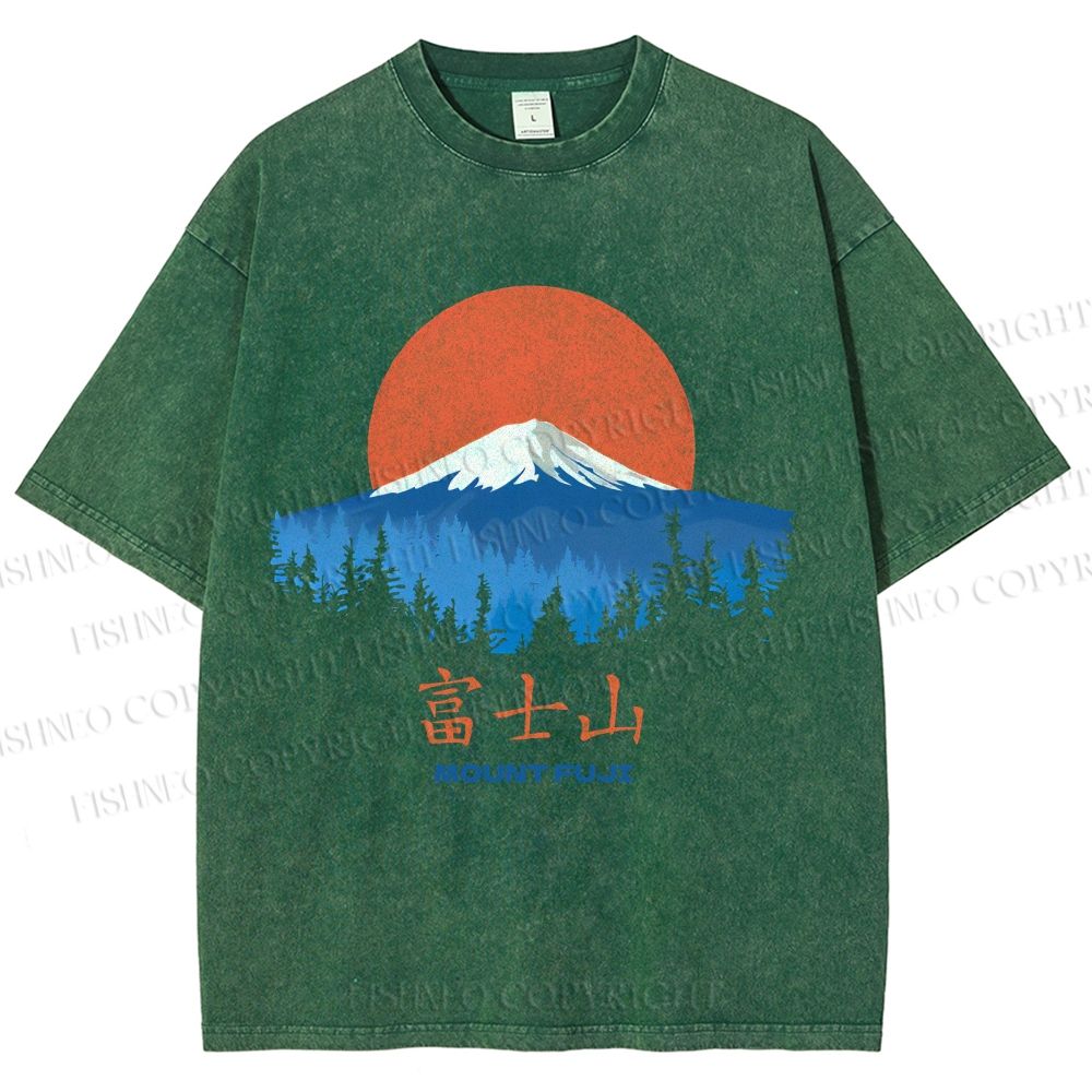 Unisex Japanese Mount Fuji Graffiti Printed Washed Tee