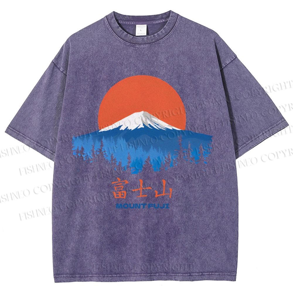 Unisex Japanese Mount Fuji Graffiti Printed Washed Tee