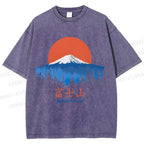 Unisex Japanese Mount Fuji Graffiti Printed Washed Tee