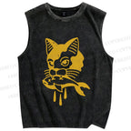 Unisex Vintage Cat Having Fish Printed Washed Tank Top