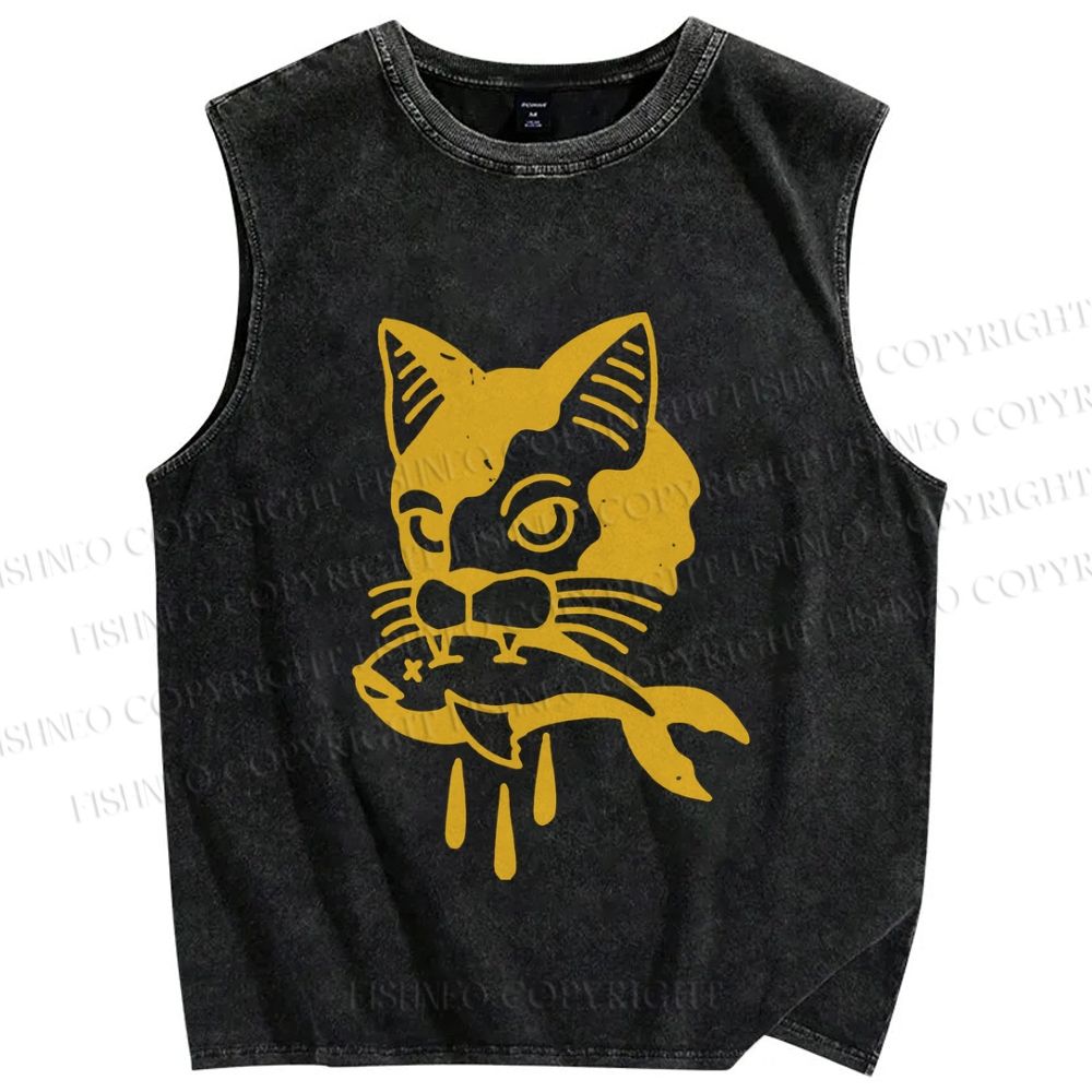 Unisex Vintage Cat Having Fish Printed Washed Tank Top