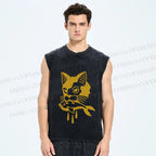 Unisex Vintage Cat Having Fish Printed Washed Tank Top