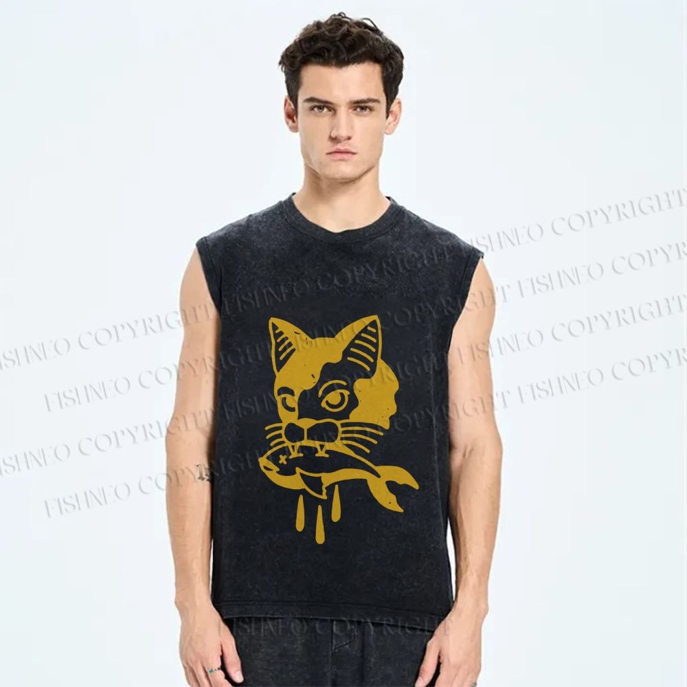 Unisex Vintage Cat Having Fish Printed Washed Tank Top