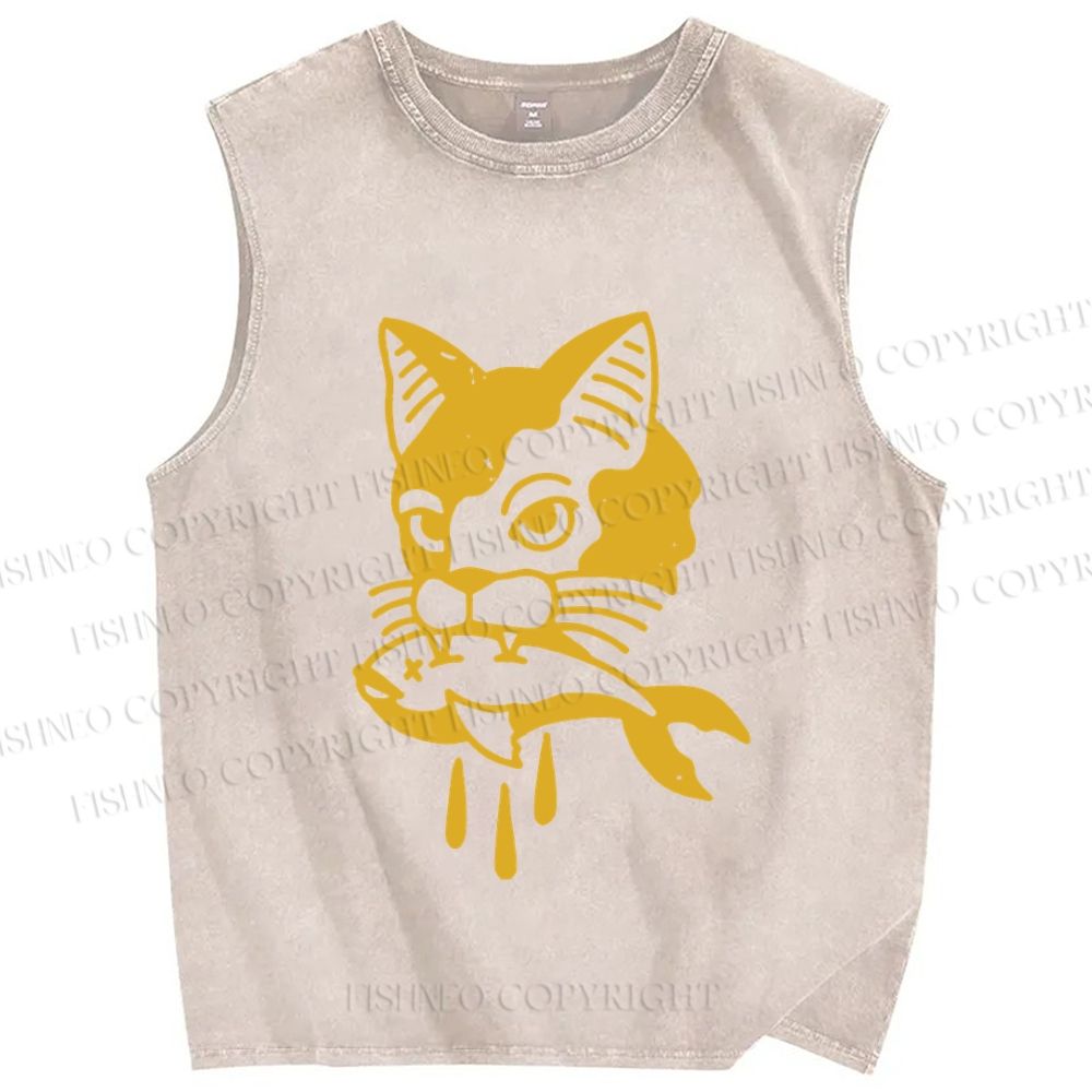 Unisex Vintage Cat Having Fish Printed Washed Tank Top