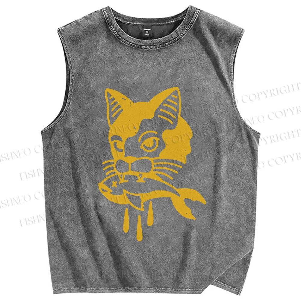 Unisex Vintage Cat Having Fish Printed Washed Tank Top