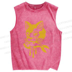 Unisex Vintage Cat Having Fish Printed Washed Tank Top