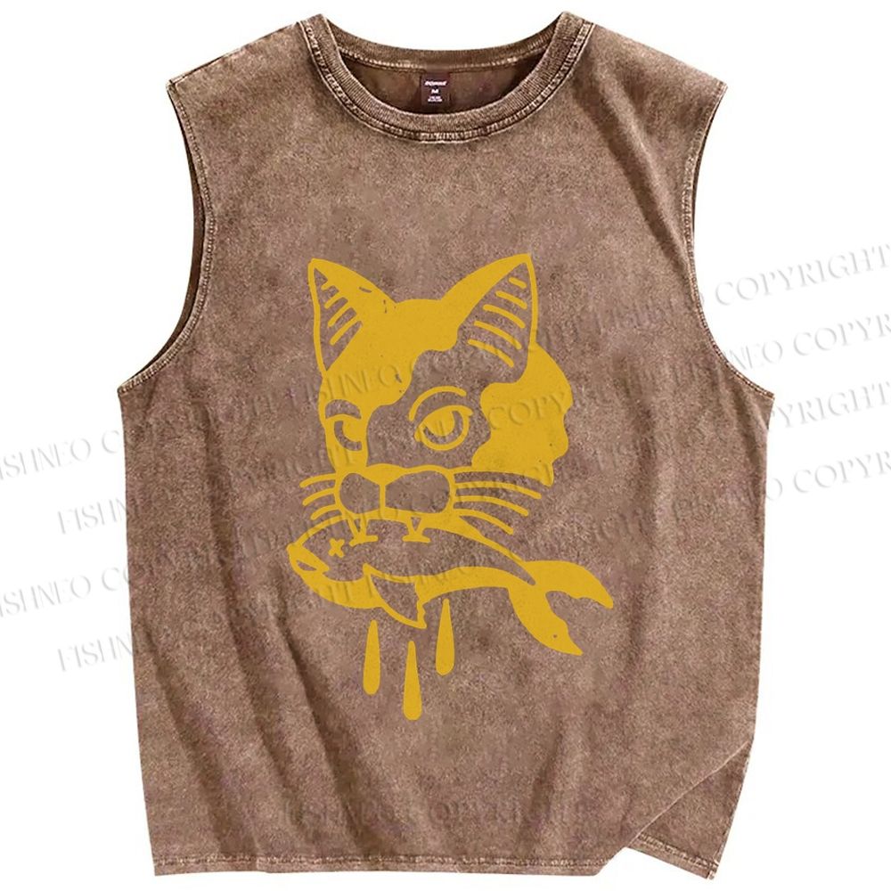 Unisex Vintage Cat Having Fish Printed Washed Tank Top