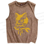 Unisex Vintage Cat Having Fish Printed Washed Tank Top