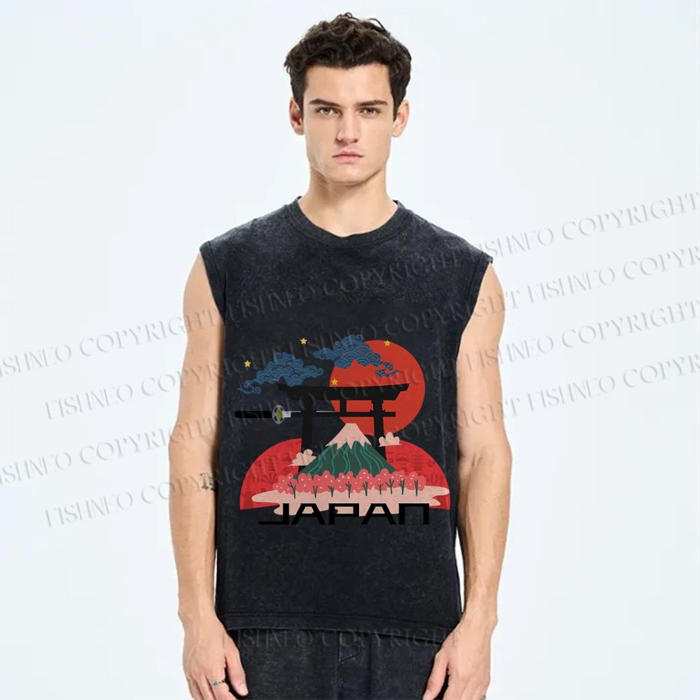 Unisex Japanese Art Graffiti Printed Washed Tank Top