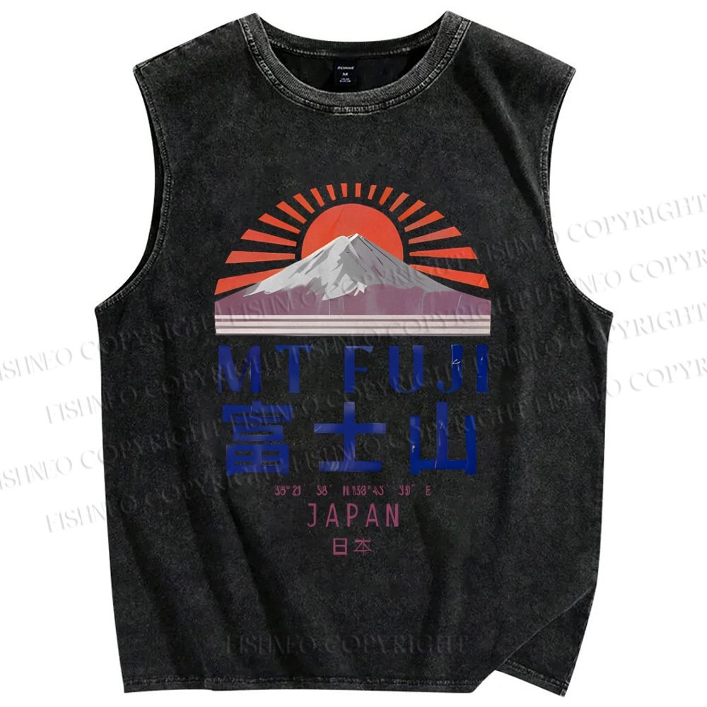 Unisex Japanese Mount Fuji Graffiti Printed Washed Tank Top