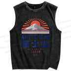 Unisex Japanese Mount Fuji Graffiti Printed Washed Tank Top