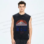 Unisex Japanese Mount Fuji Graffiti Printed Washed Tank Top