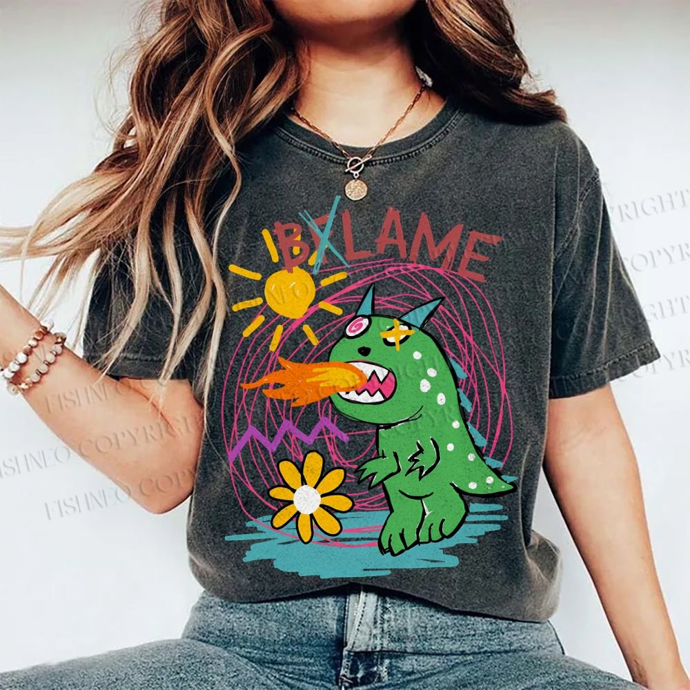 Unisex Cartoon Monster Printed Washed Tee