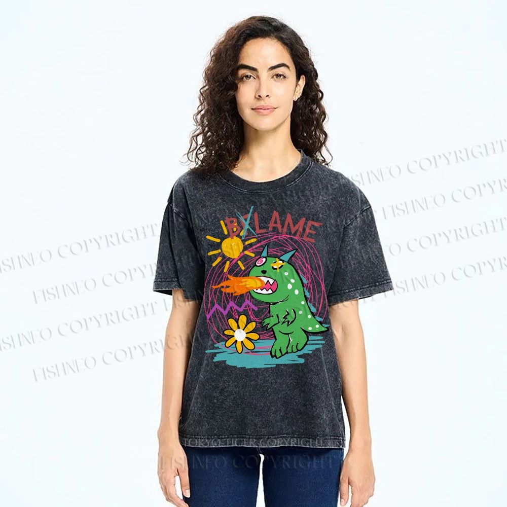 Unisex Cartoon Monster Printed Washed Tee