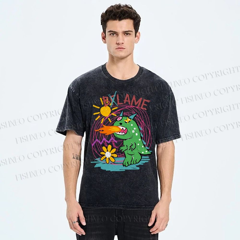 Unisex Cartoon Monster Printed Washed Tee