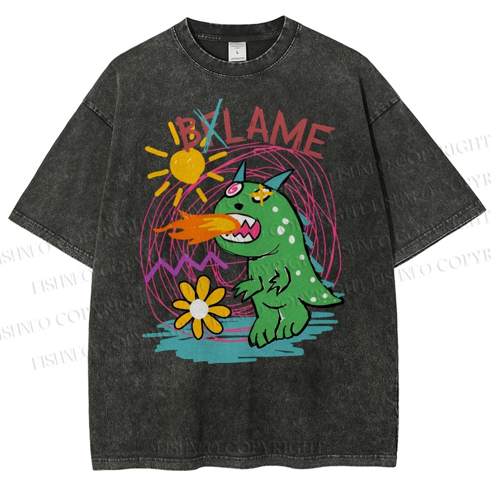 Unisex Cartoon Monster Printed Washed Tee
