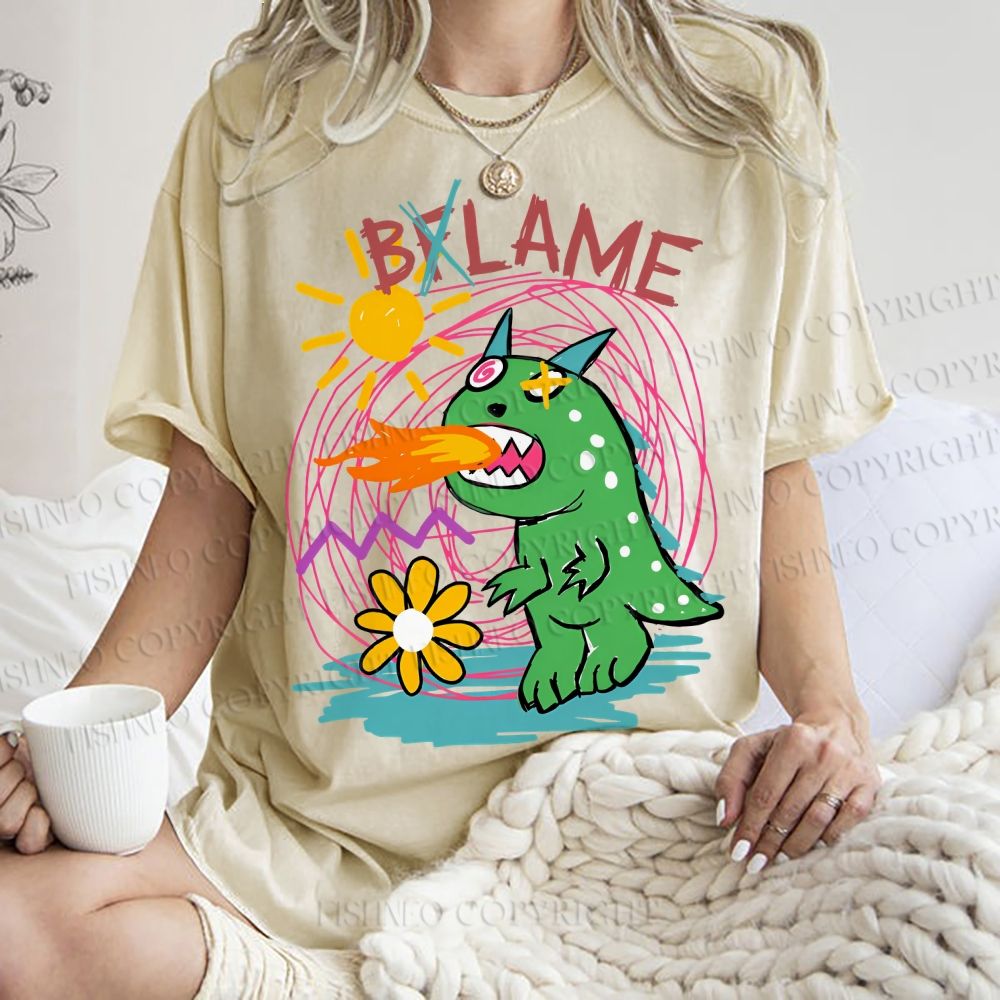 Unisex Cartoon Monster Printed Washed Tee