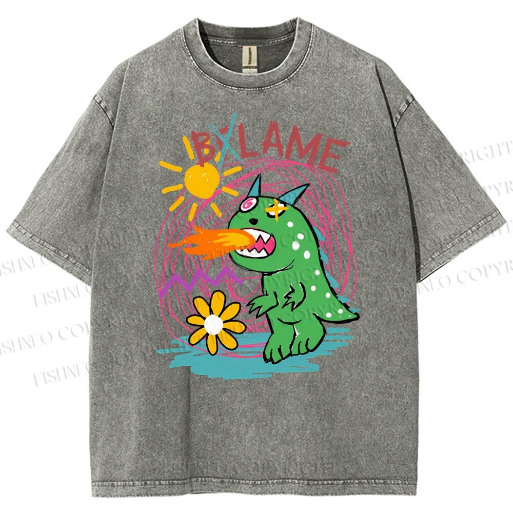 Unisex Cartoon Monster Printed Washed Tee
