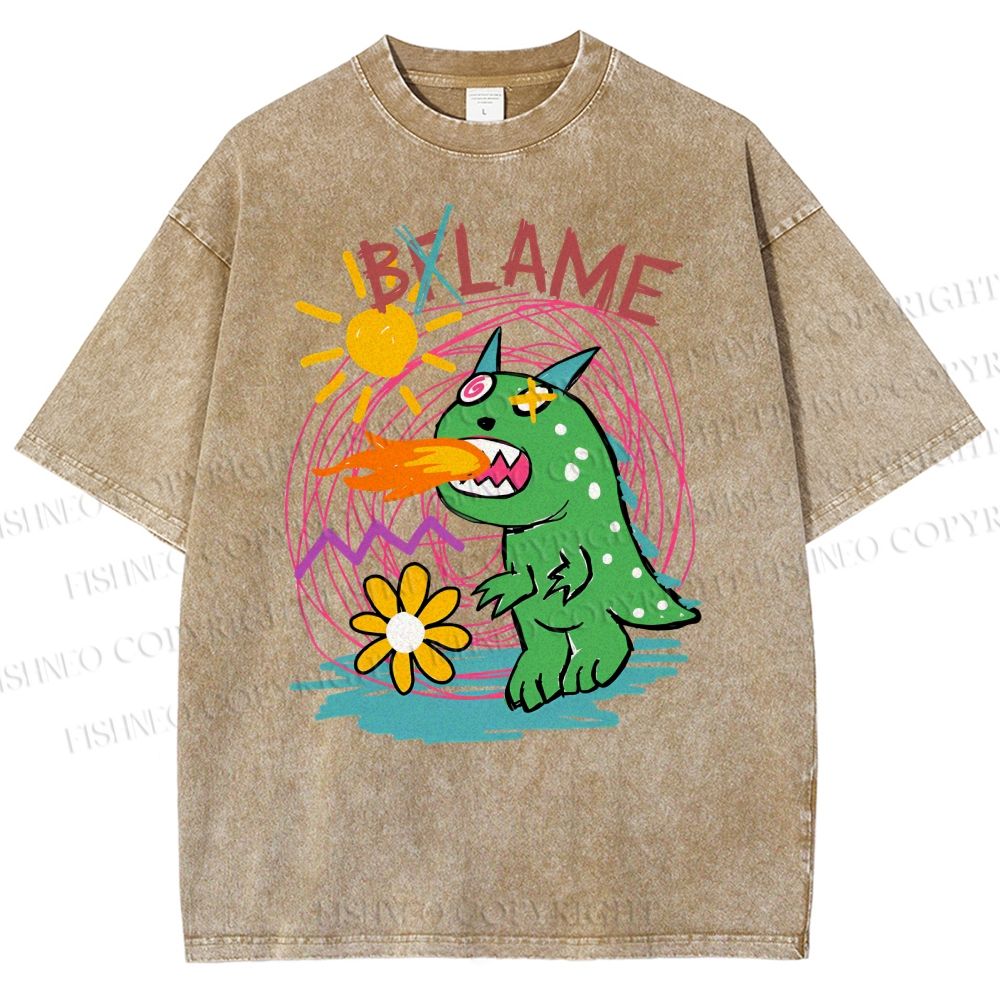 Unisex Cartoon Monster Printed Washed Tee
