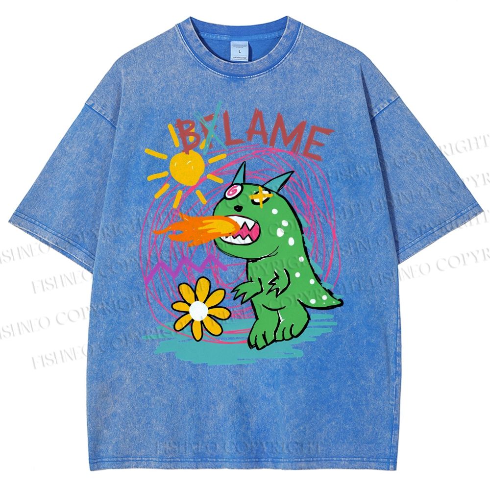 Unisex Cartoon Monster Printed Washed Tee