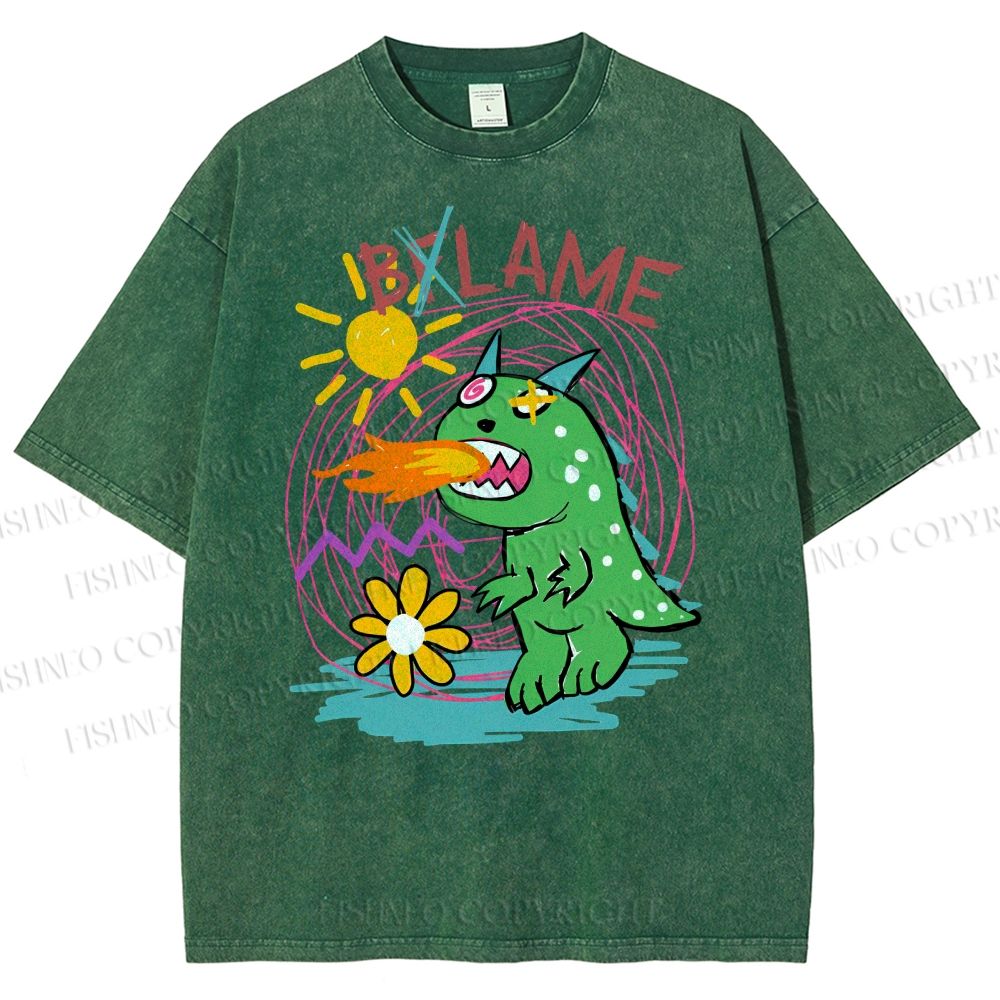 Unisex Cartoon Monster Printed Washed Tee
