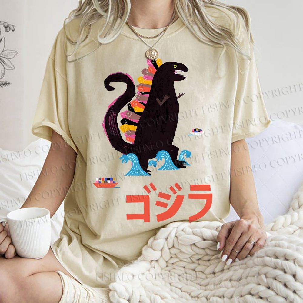 Unisex Cartoon Dinosaur Printed Washed Tee