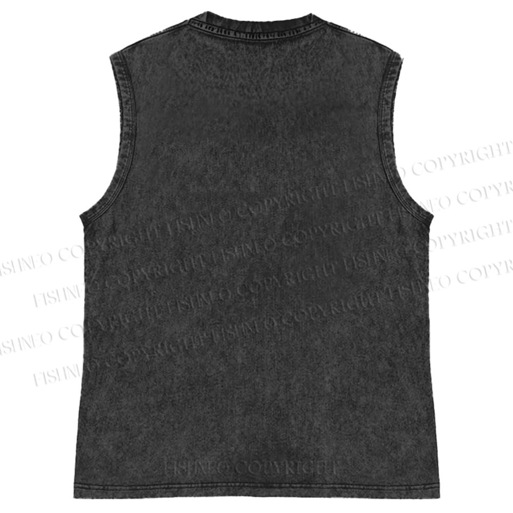 Unisex Vintage Cat Stamp Printed Washed Tank Top