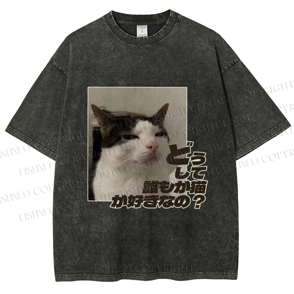 Unisex Japanese Funny Cat Meme Why Dose Everyone Love Cat Printed Washed Tee