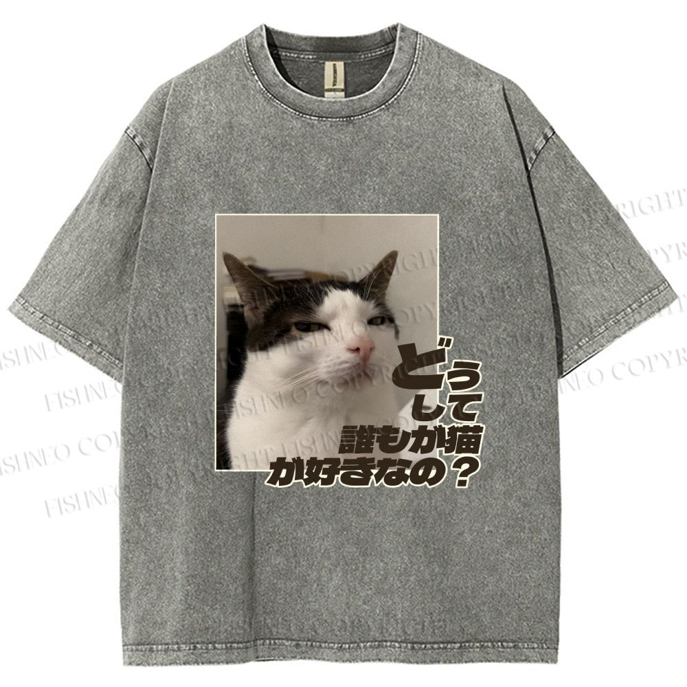 Unisex Japanese Funny Cat Meme Why Dose Everyone Love Cat Printed Washed Tee