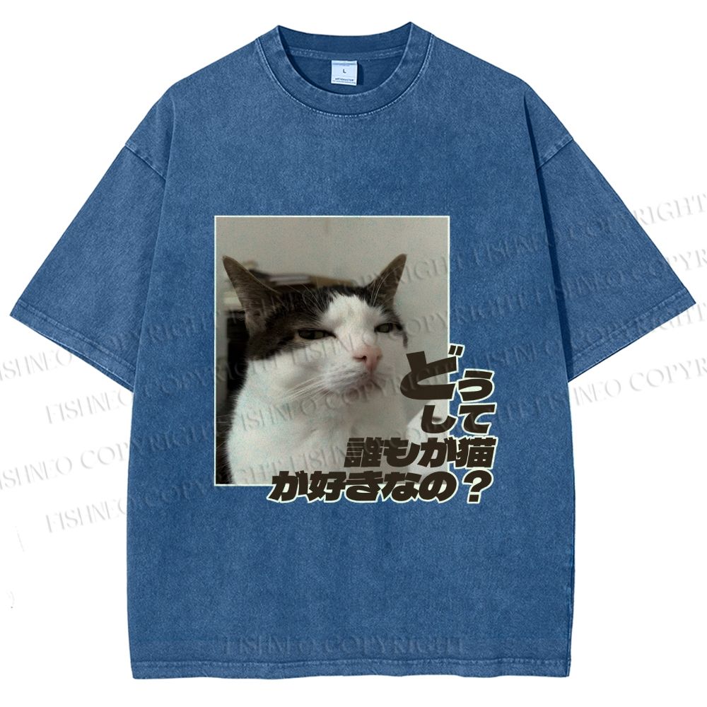 Unisex Japanese Funny Cat Meme Why Dose Everyone Love Cat Printed Washed Tee