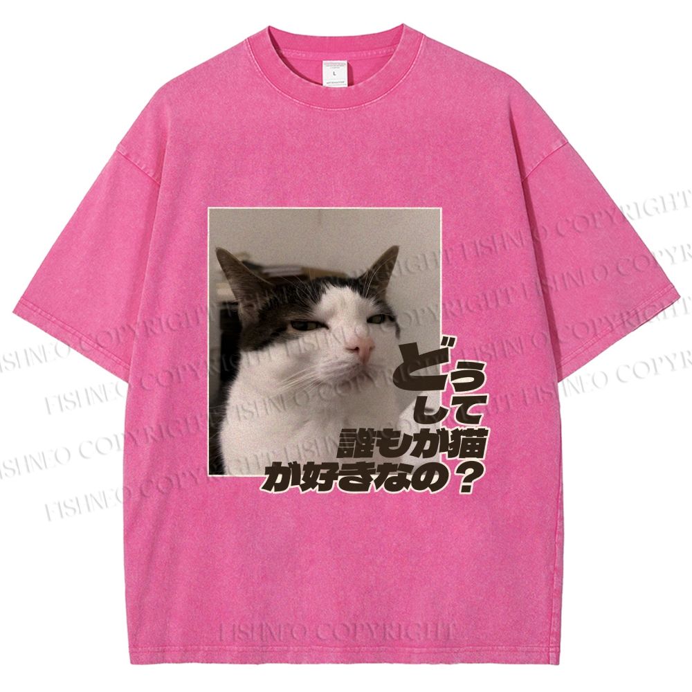 Unisex Japanese Funny Cat Meme Why Dose Everyone Love Cat Printed Washed Tee