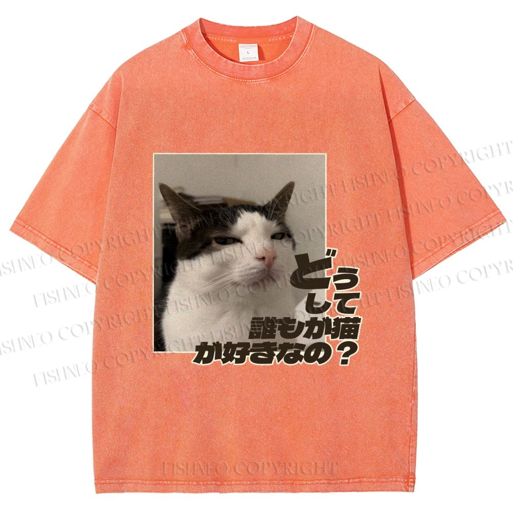 Unisex Japanese Funny Cat Meme Why Dose Everyone Love Cat Printed Washed Tee
