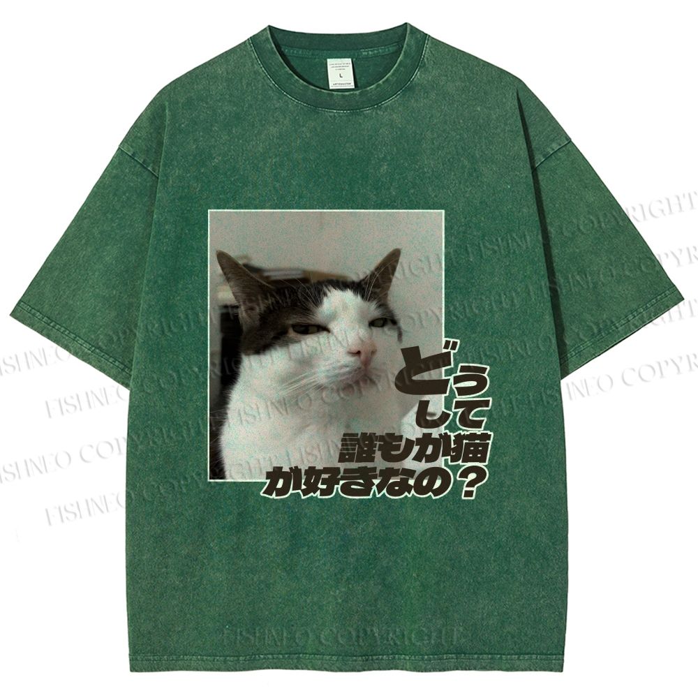Unisex Japanese Funny Cat Meme Why Dose Everyone Love Cat Printed Washed Tee