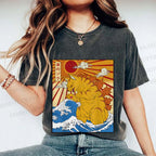 Unisex Japanese Cat Godzilla Catzilla Printed Washed Tee