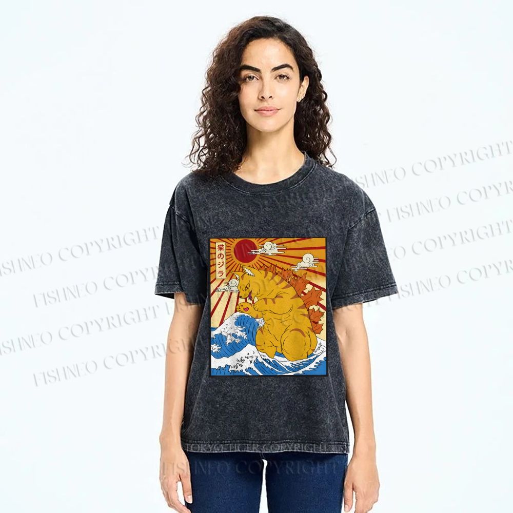Unisex Japanese Cat Godzilla Catzilla Printed Washed Tee