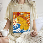 Unisex Japanese Cat Godzilla Catzilla Printed Washed Tee