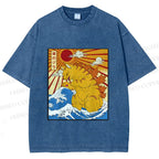Unisex Japanese Cat Godzilla Catzilla Printed Washed Tee