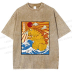 Unisex Japanese Cat Godzilla Catzilla Printed Washed Tee