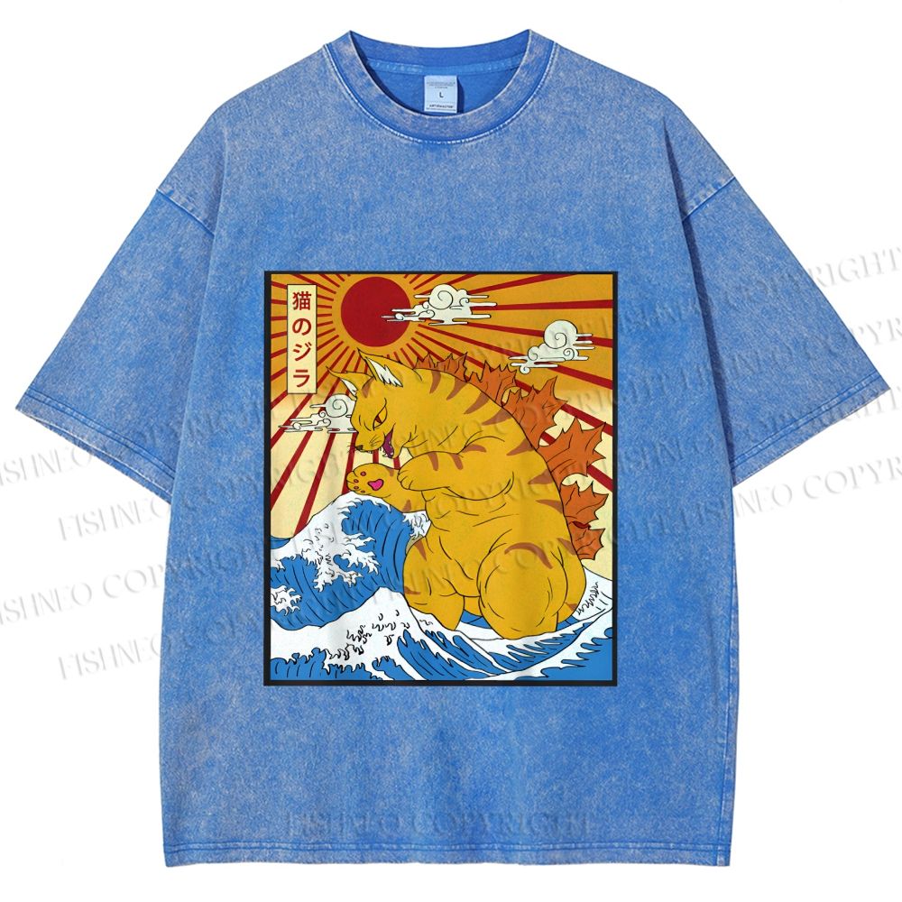 Unisex Japanese Cat Godzilla Catzilla Printed Washed Tee