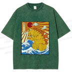Unisex Japanese Cat Godzilla Catzilla Printed Washed Tee