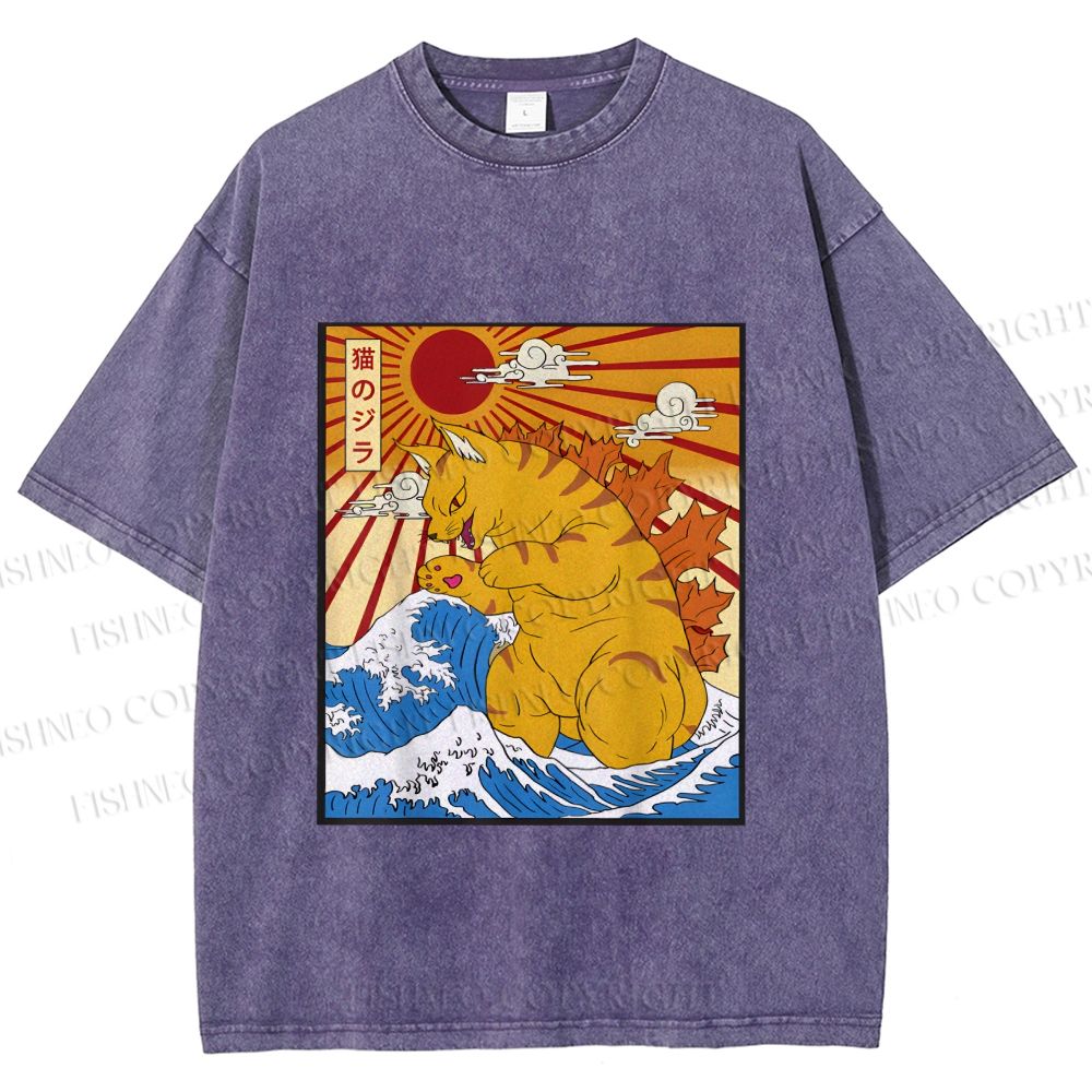 Unisex Japanese Cat Godzilla Catzilla Printed Washed Tee