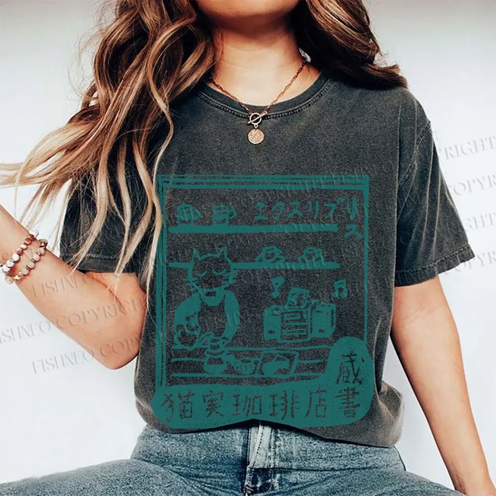 Unisex Vintage Cat‘s Cafe Printed Washed Tee