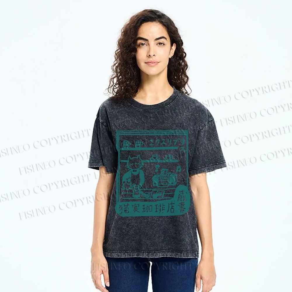 Unisex Vintage Cat‘s Cafe Printed Washed Tee