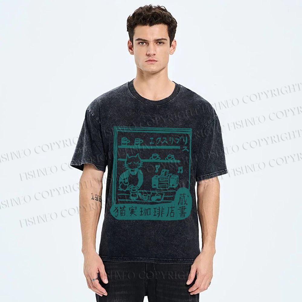 Unisex Vintage Cat‘s Cafe Printed Washed Tee
