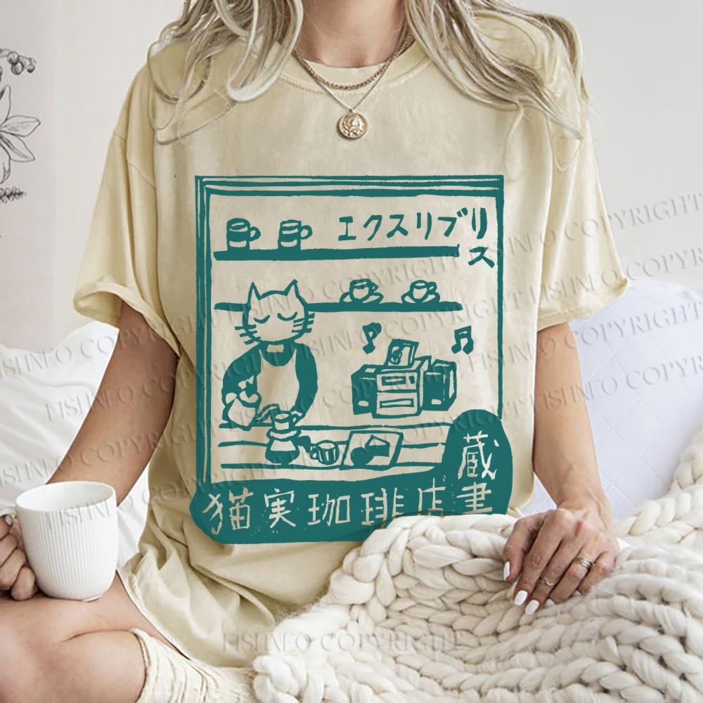 Unisex Vintage Cat‘s Cafe Printed Washed Tee