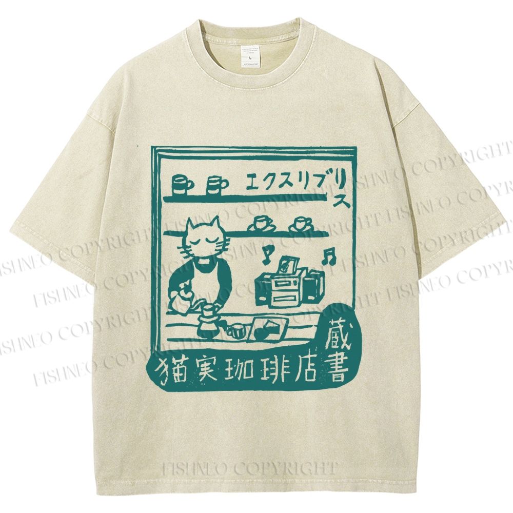 Unisex Vintage Cat‘s Cafe Printed Washed Tee