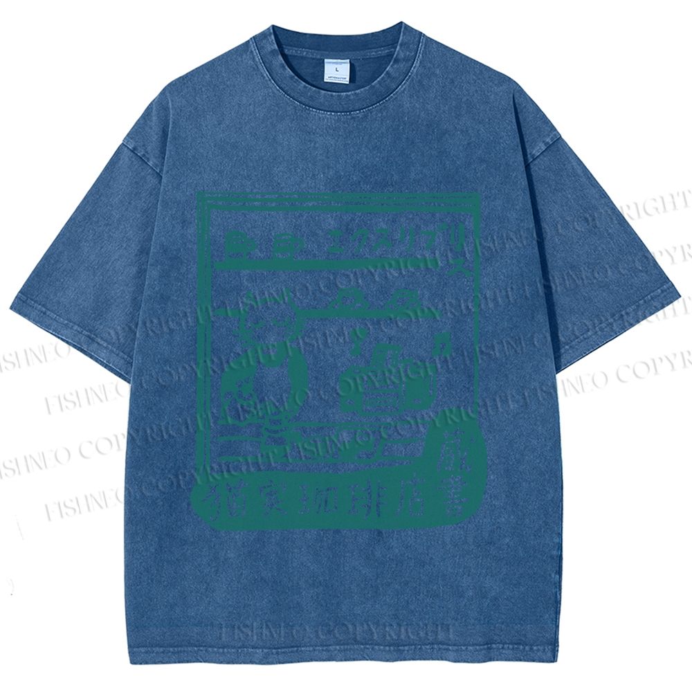 Unisex Vintage Cat‘s Cafe Printed Washed Tee