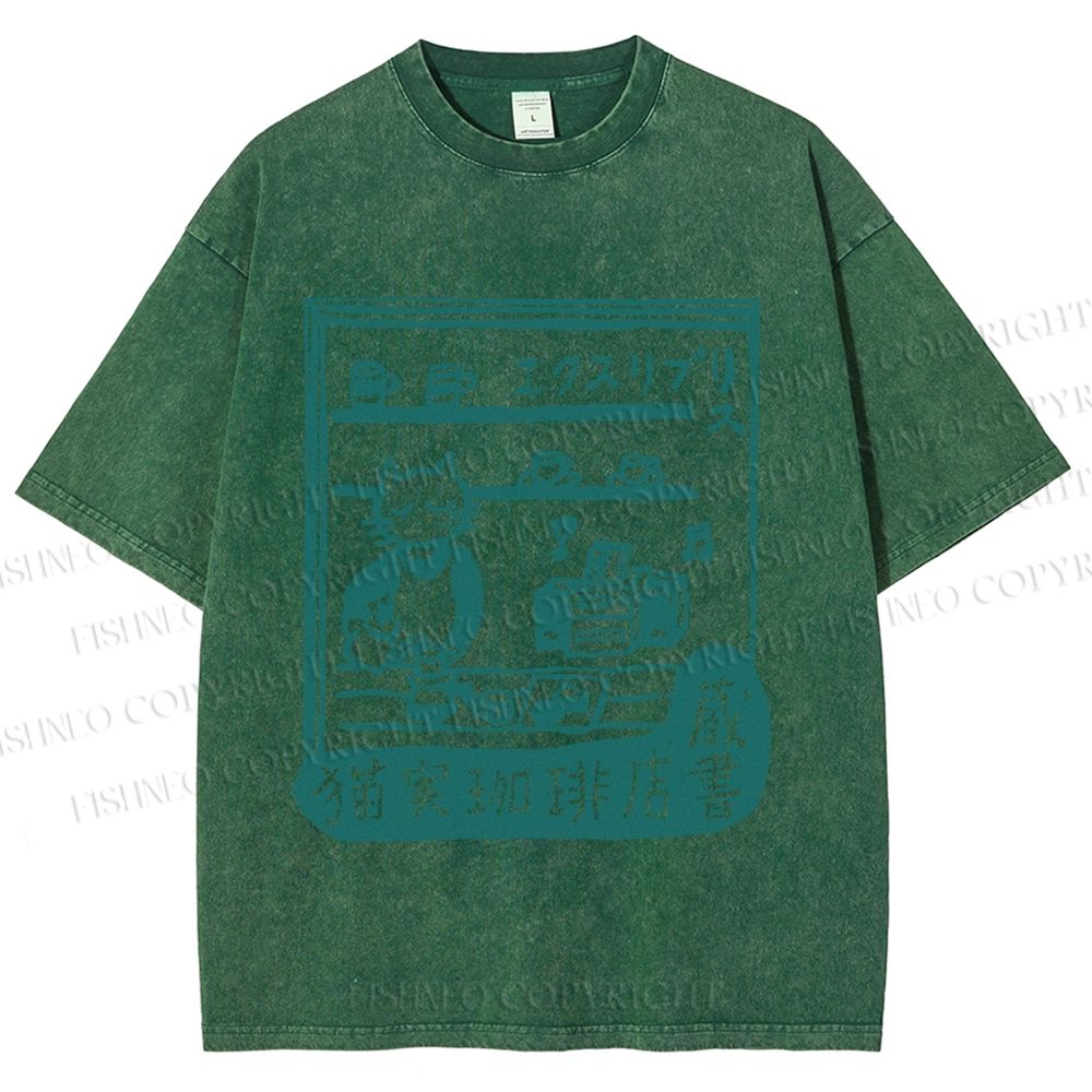 Unisex Vintage Cat‘s Cafe Printed Washed Tee
