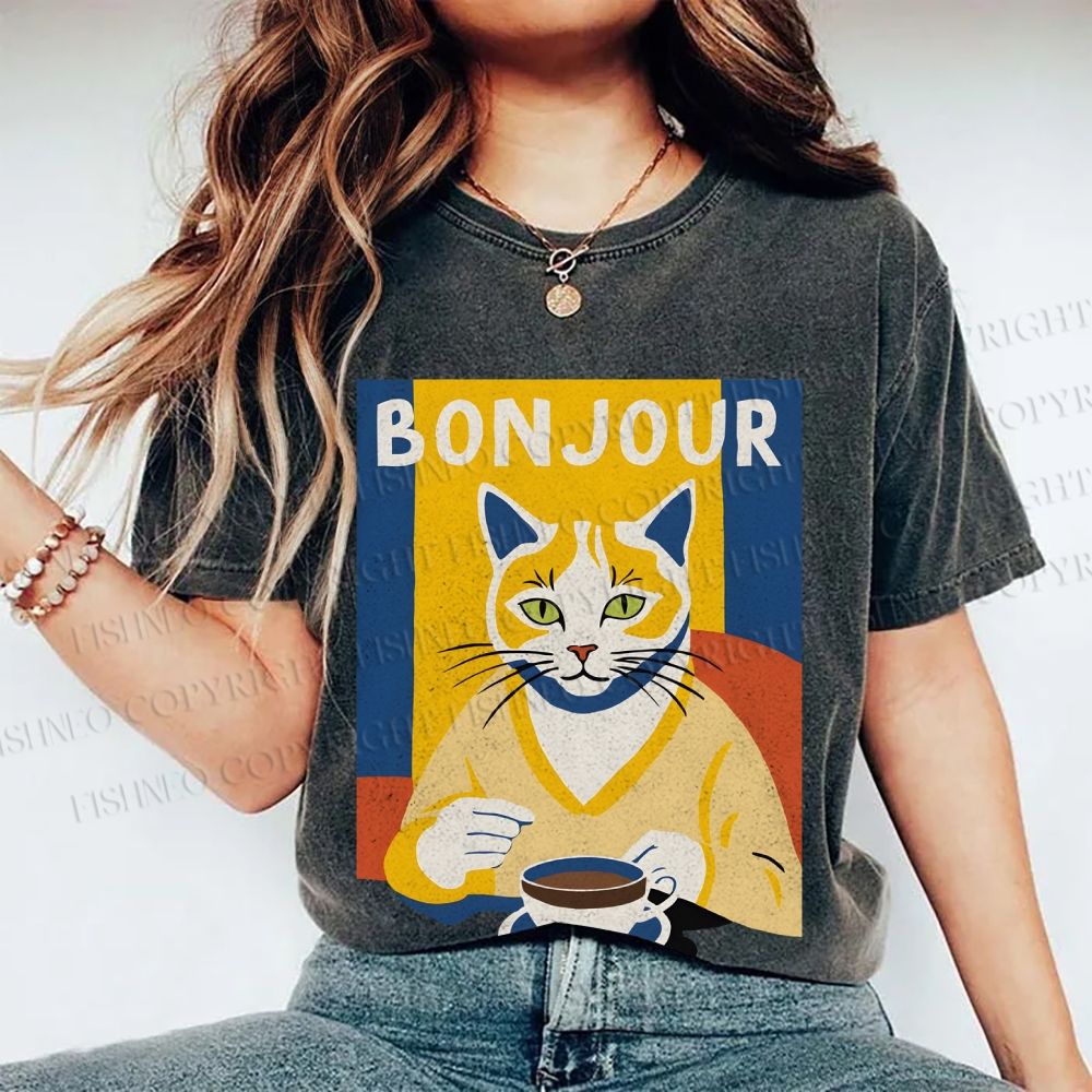 Unisex Coffee Cat Bonjour Printed Washed Tee
